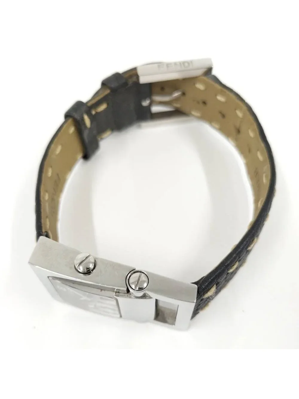 Fendi Watch Orologi Square SS Quartz Leather Black Dial